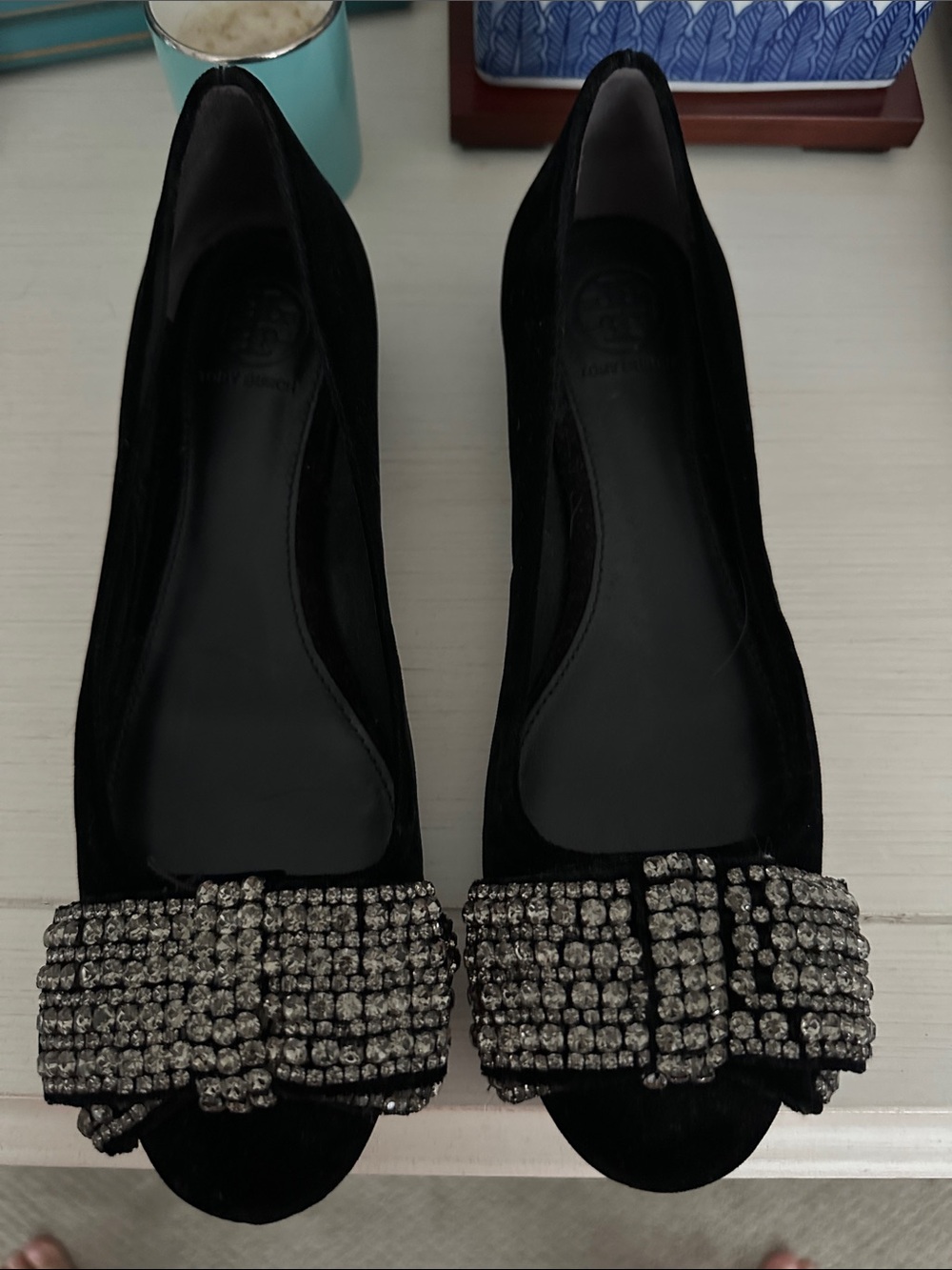 Tory Burch Black Velvet Flats with Rhinestone Bow